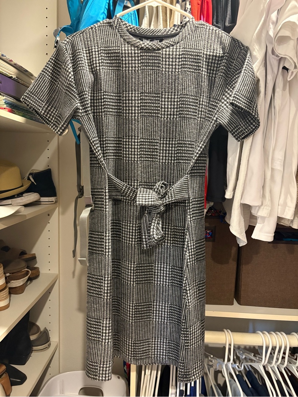 Steve Madden Black and White Glen Plaid Belted Dress